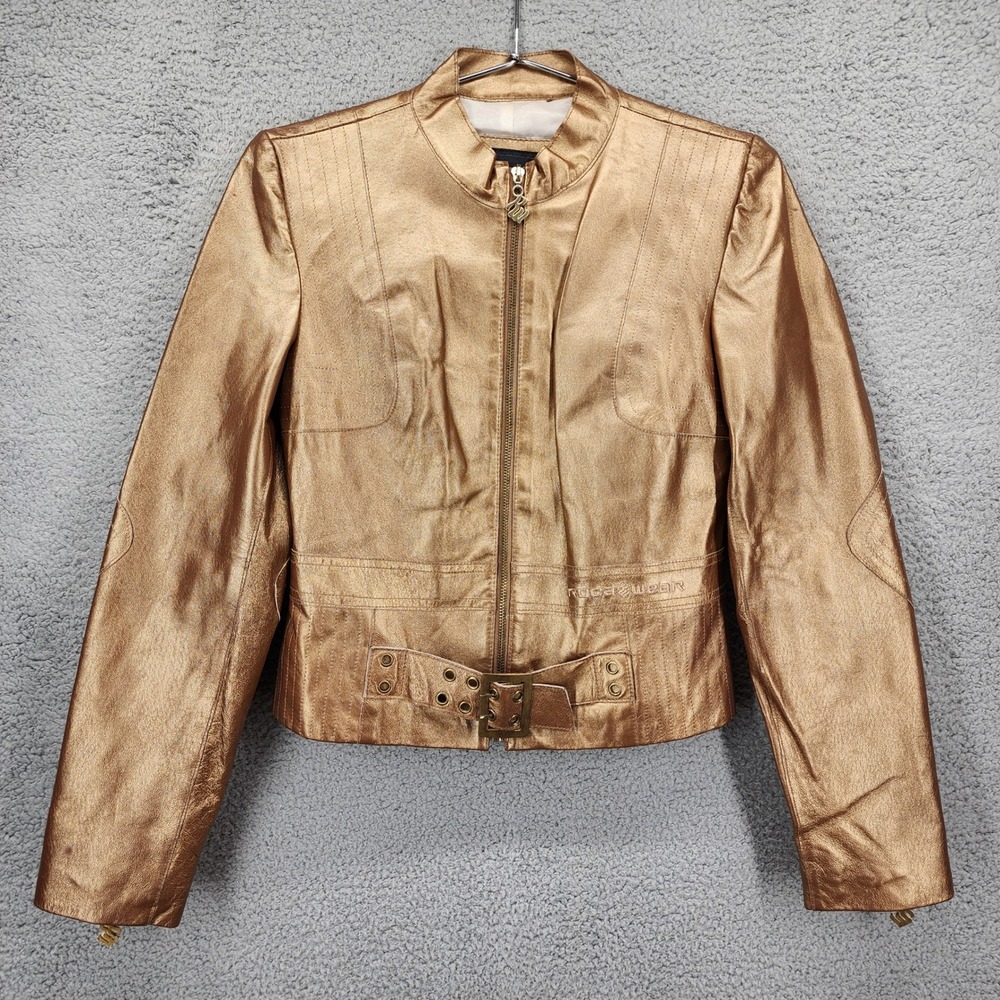 Rocawear Womens Metallic Gold Leather Moto Jacket Belted Streetwear Small Y2K